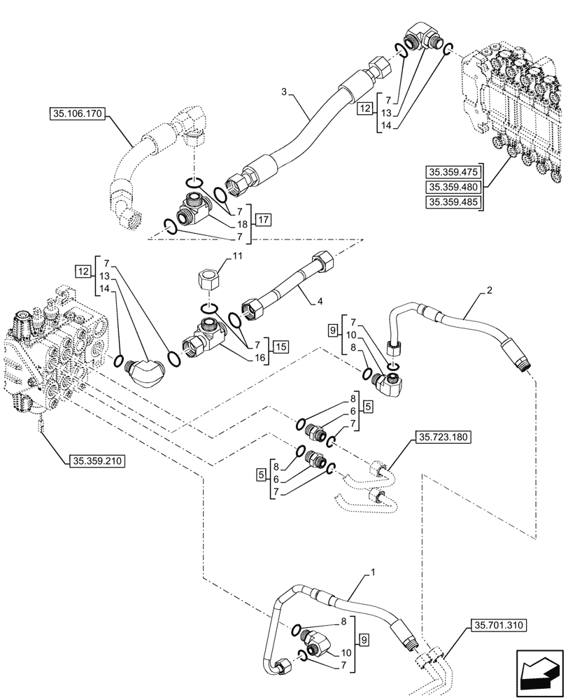 Схема запчастей Case 580SN - (35.359.245) - VAR - 747864 - LOADER, BACKHOE, CONTROL VALVE, AUXILIARY, LINES (35) - HYDRAULIC SYSTEMS