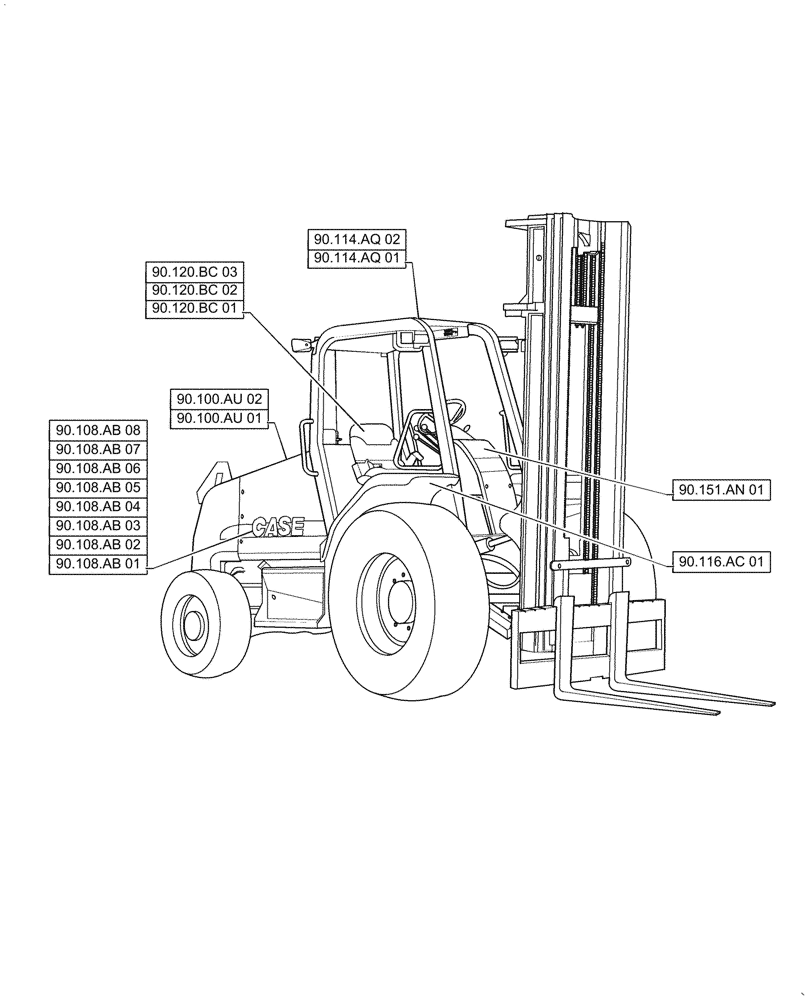 Схема запчастей Case 586H - (90.000.00) - SECTION INDEX - PLATFORM, CAB, BODYWORK & DECALS (90) - PLATFORM, CAB, BODYWORK AND DECALS