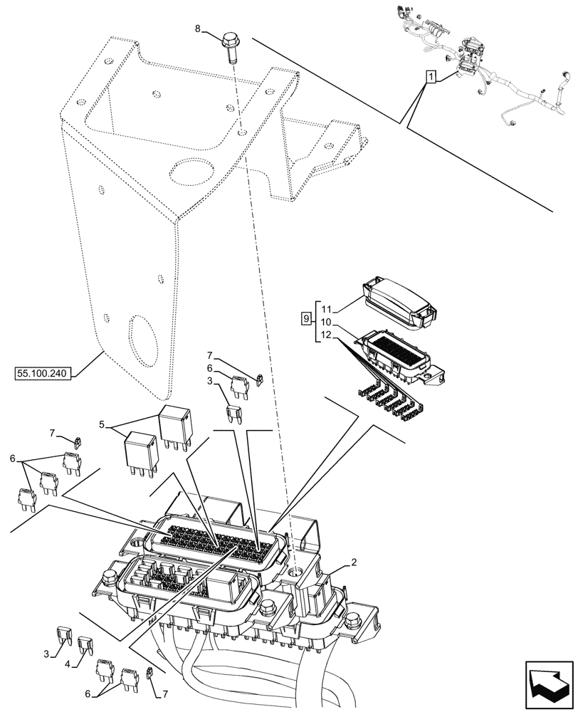 Схема запчастей Case 580N - (55.100.250) - POWERSHUTTLE, TRANSMISSION, SIDE CONSOLE, HARNESS, W/ OPTION, RELAY, FUSE BOX (55) - ELECTRICAL SYSTEMS