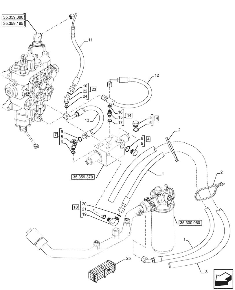 Схема запчастей Case 580N - (35.359.380) - LOADER, AUXILIARY CONTROL VALVE, OIL FILTER, LINE (35) - HYDRAULIC SYSTEMS