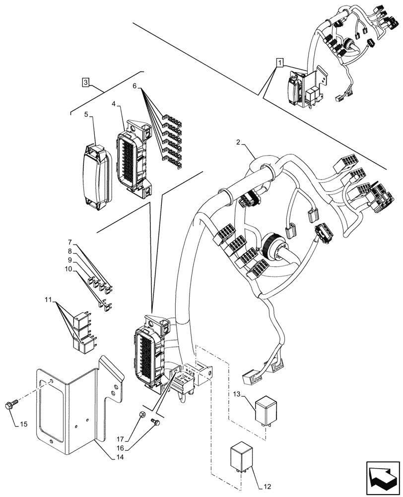 Схема запчастей Case 580N - (55.100.230) - POWERSHUTTLE, TRANSMISSION, FRONT CONSOLE, HARNESS, W/ OPTION, RELAYS, FUSE BOX (55) - ELECTRICAL SYSTEMS