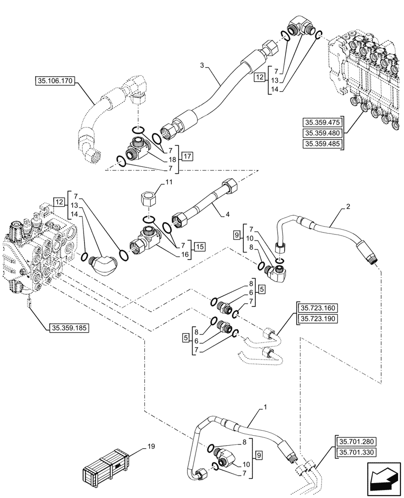 Схема запчастей Case 580SN - (35.359.205) - LOADER, BACKHOE, CONTROL VALVE, AUXILIARY, LINES (35) - HYDRAULIC SYSTEMS