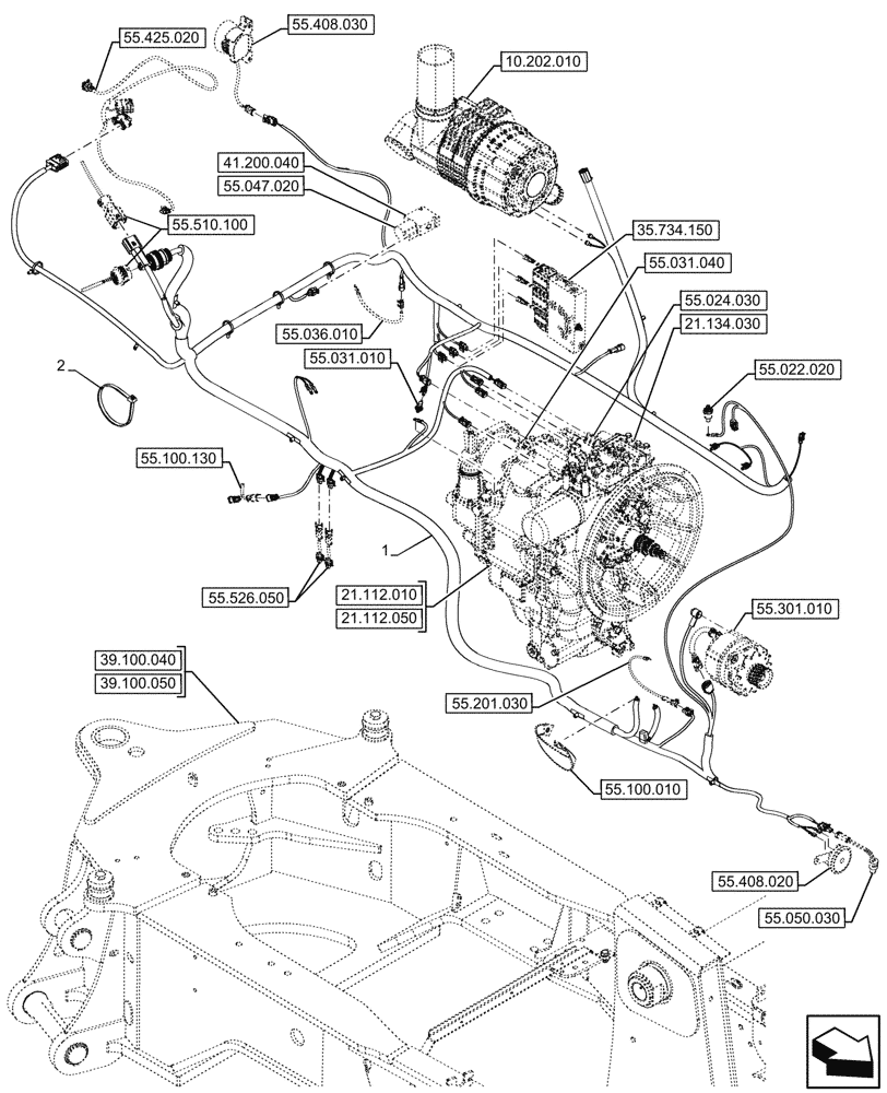 Схема запчастей Case 580N - (55.101.050) - POWERSHUTTLE, TRANSMISSION, CHASSIS, HARNESS (55) - ELECTRICAL SYSTEMS