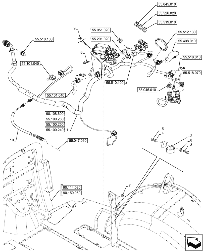 Схема запчастей Case 580N - (55.510.130) - POWERSHUTTLE, TRANSMISSION, SIDE CONSOLE, HARNESS, W/ OPTION (55) - ELECTRICAL SYSTEMS