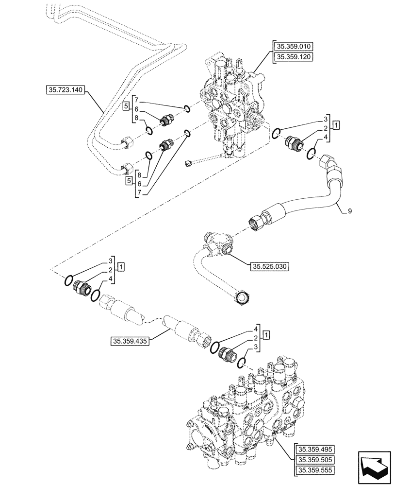 Схема запчастей Case 580N - (35.359.020) - LOADER, CONTROL VALVE, LINES (35) - HYDRAULIC SYSTEMS