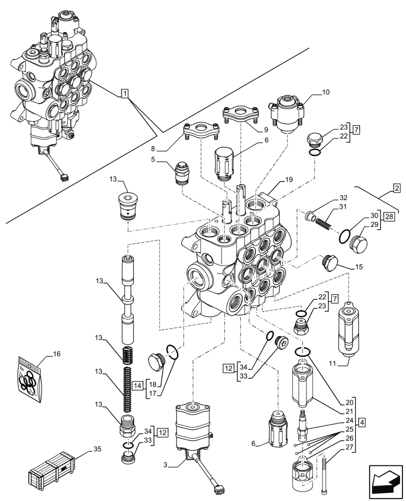 Схема запчастей Case 580SN - (35.359.170) - LOADER, CONTROL VALVE, MECHANICAL, 3-SPOOL, COMPONENTS (35) - HYDRAULIC SYSTEMS