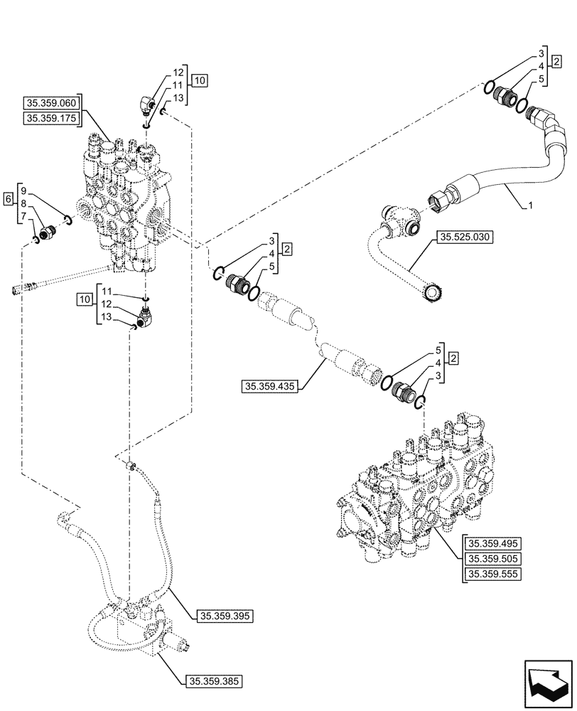 Схема запчастей Case 580N - (35.359.075) - VAR - 747776 - LOADER, BACKHOE, CONTROL, VALVE, LINES (35) - HYDRAULIC SYSTEMS