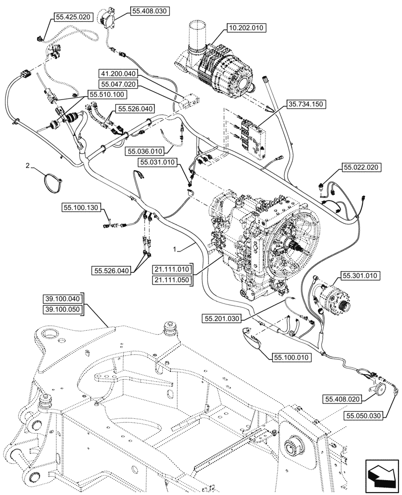 Схема запчастей Case 580N - (55.101.040) - SEMI-POWERSHIFT, TRANSMISSION, CHASSIS, HARNESS (55) - ELECTRICAL SYSTEMS