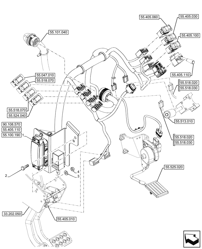 Схема запчастей Case 580N - (55.510.100) - SEMI-POWERSHIFT, TRANSMISSION, FRONT CONSOLE, HARNESS, W/ OPTION (55) - ELECTRICAL SYSTEMS