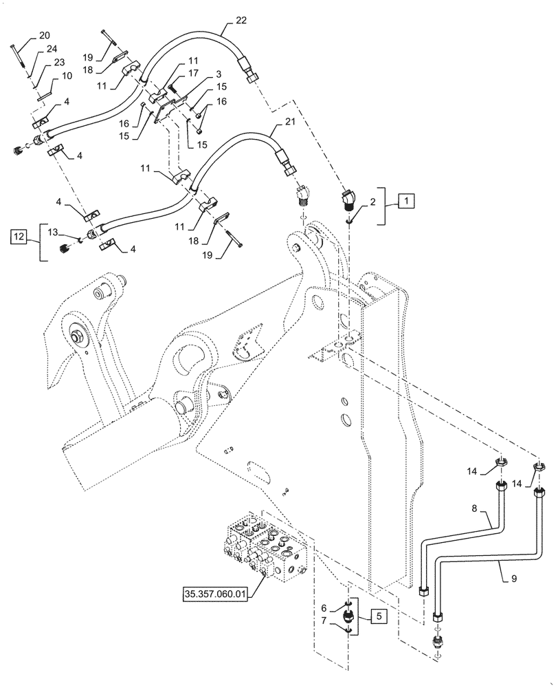 Схема запчастей Case 521G - (35.701.060) - VAR - 734053, 734054, 734055 - 3 SPOOL AUXILIARY HYDRAULIC LINE INSTALLATION, XT (35) - HYDRAULIC SYSTEMS