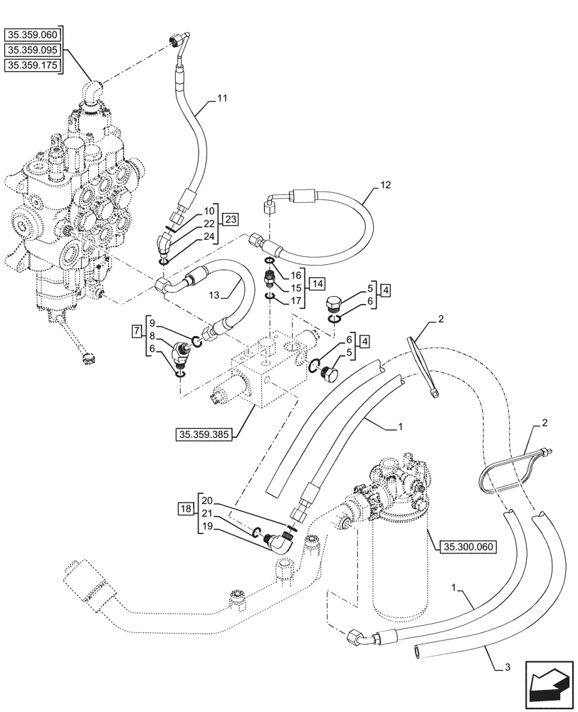 Схема запчастей Case 580SN - (35.359.395) - VAR - 747776, 747864 - LOADER, AUXILIARY CONTROL VALVE, OIL FILTER, LINE (35) - HYDRAULIC SYSTEMS