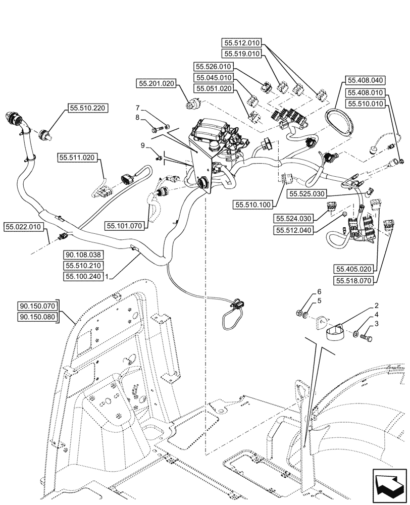 Схема запчастей Case 580N EP - (55.510.200) - CAB, POWERSHUTTLE, TRANSMISSION, RIGHT SIDE, CONSOLE, HARNESS (55) - ELECTRICAL SYSTEMS