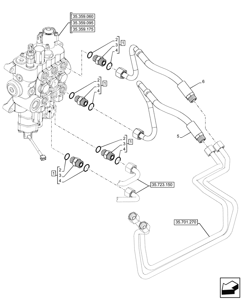 Схема запчастей Case 580N - (35.359.070) - VAR - 747776, 747864 - LOADER, CONTROL VALVE, MECHANICAL, 3-SPOOL, CYLINDER, LINES (35) - HYDRAULIC SYSTEMS