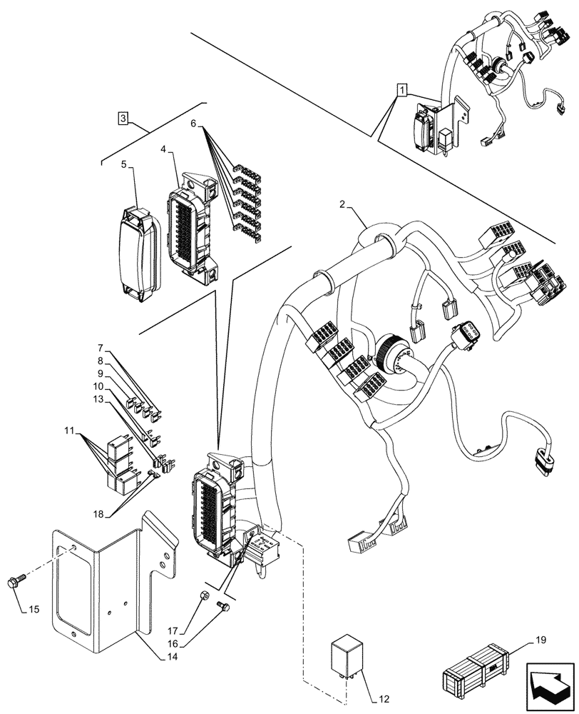 Схема запчастей Case 580N - (55.100.190) - SEMI-POWERSHIFT, TRANSMISSION, FRONT CONSOLE, HARNESS, W/ OPTION, FUSE BOX, RELAYS (55) - ELECTRICAL SYSTEMS
