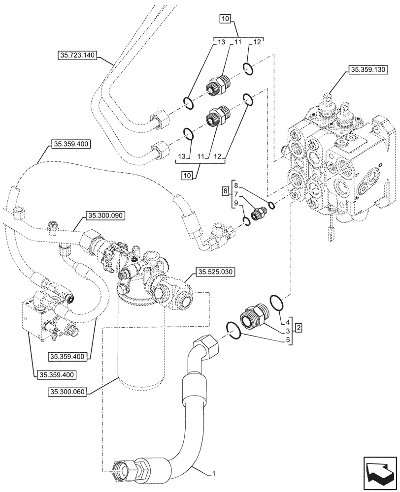 Схема запчастей Case 580SN - (35.359.160) - LOADER, FILTER, CONTROL VALVE LINE (35) - HYDRAULIC SYSTEMS