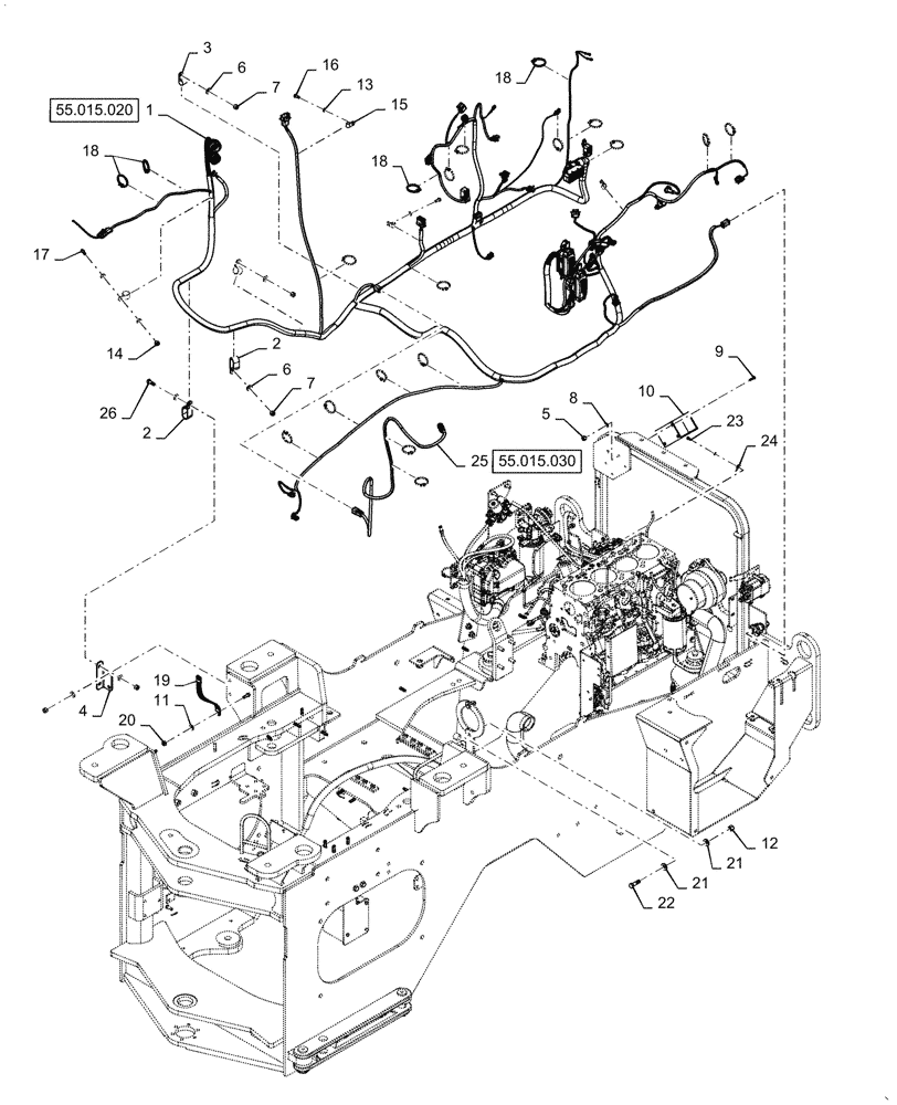 Схема запчастей Case 521G - (55.015.010[01]) - ENGINE & REAR CHASSIS HARNESS INSTALLATION (55) - ELECTRICAL SYSTEMS