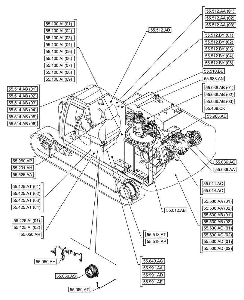 Схема запчастей Case CX210D LC LR - (55.000.00[01]) - SECTION INDEX - ELECTRICAL SYSTEMS (55) - ELECTRICAL SYSTEMS