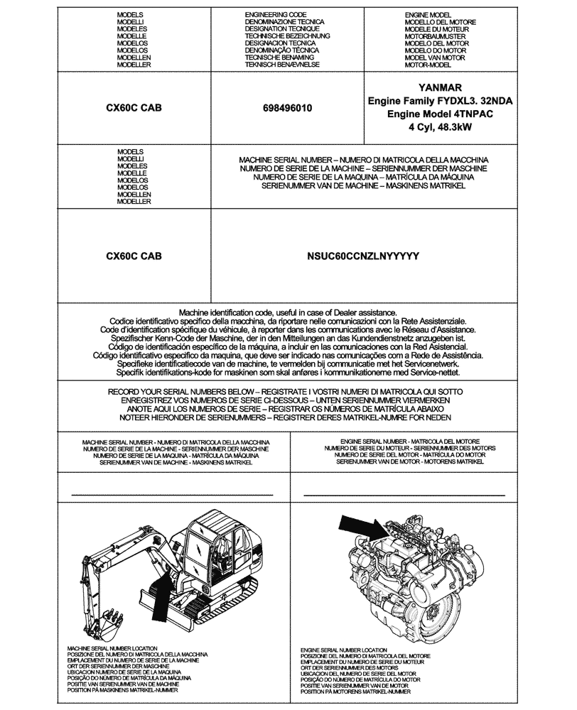 Схема запчастей Case CX60C - (00.100.01) - IDENTIFICATION PLATES AND VERSION LIST (00) - GENERAL & PICTORIAL INDEX