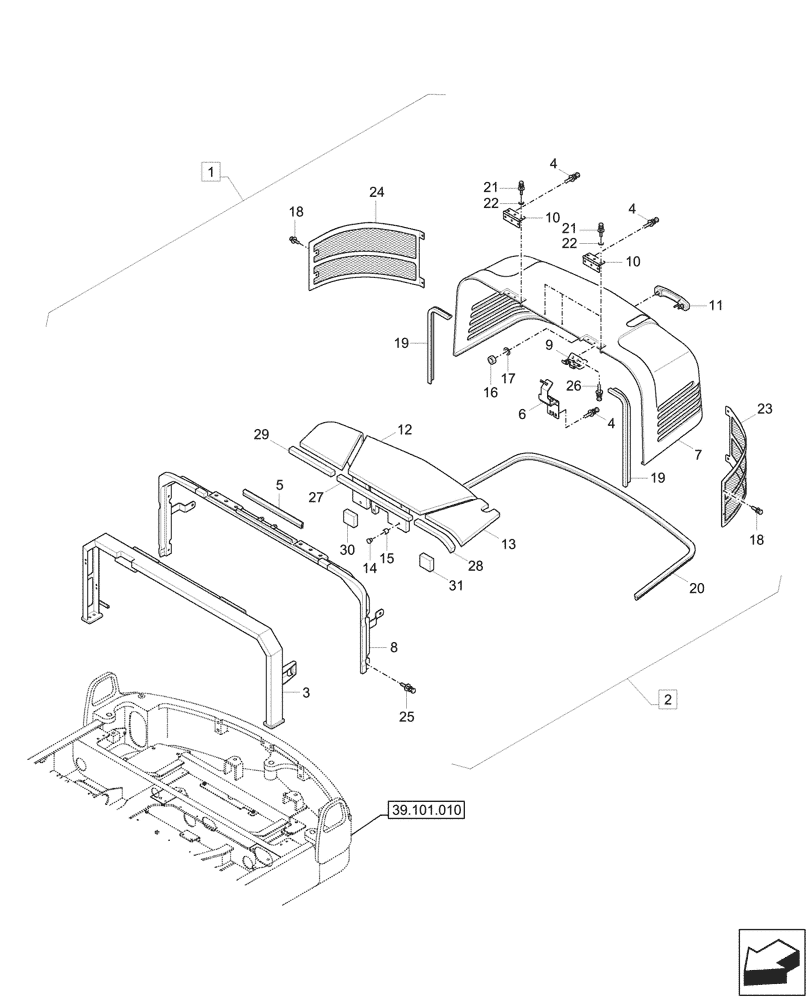 Схема запчастей Case CX57C - (90.100.010) - ENGINE HOOD, COMPONENTS (90) - PLATFORM, CAB, BODYWORK AND DECALS
