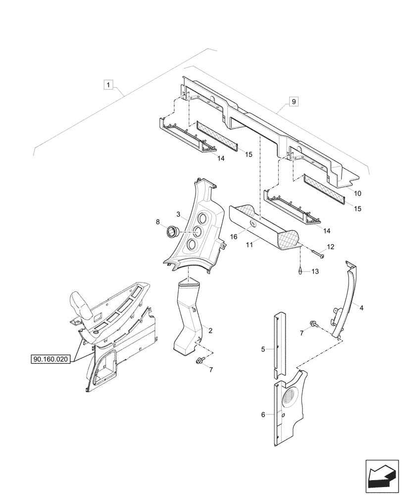 Схема запчастей Case CX57C - (90.160.010) - CAB, PILLAR, TRIM PANEL (90) - PLATFORM, CAB, BODYWORK AND DECALS