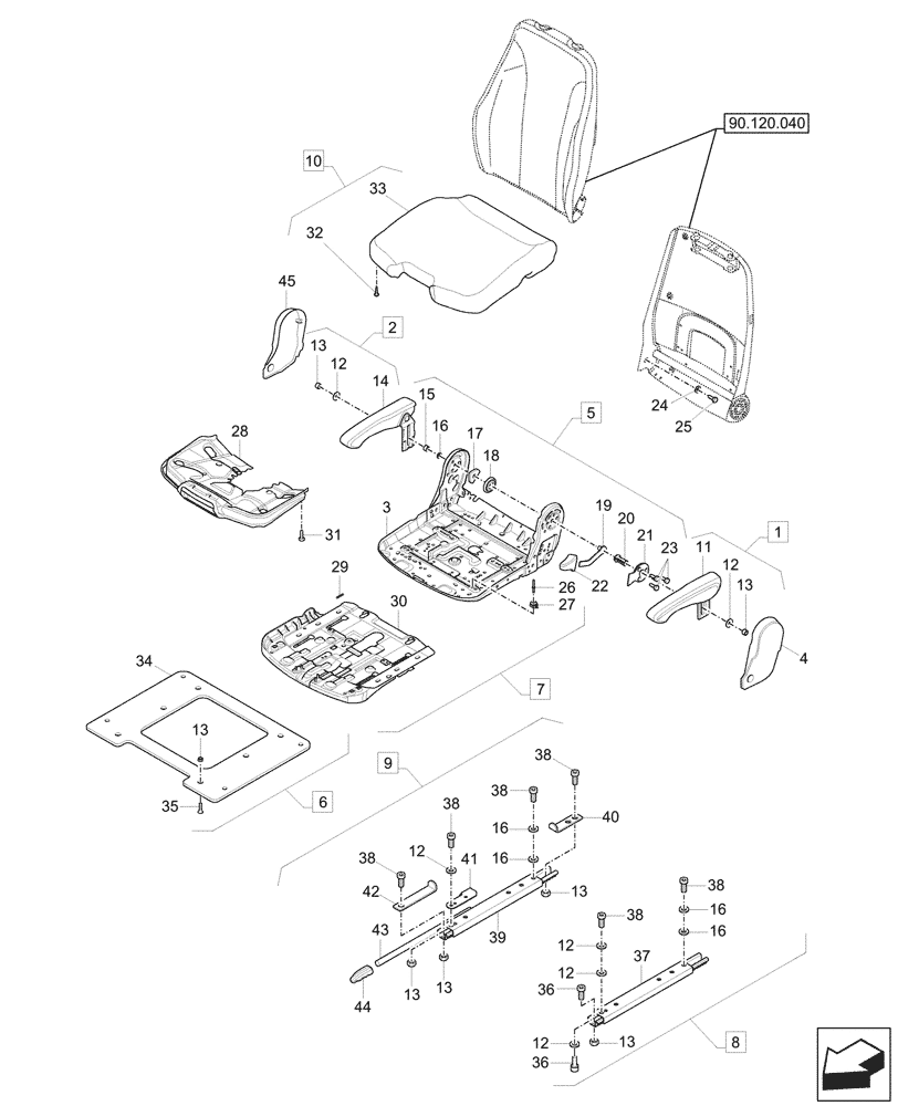 Схема запчастей Case CX57C - (90.120.030) - DRIVER SEAT, CUSHION, ARMREST (90) - PLATFORM, CAB, BODYWORK AND DECALS