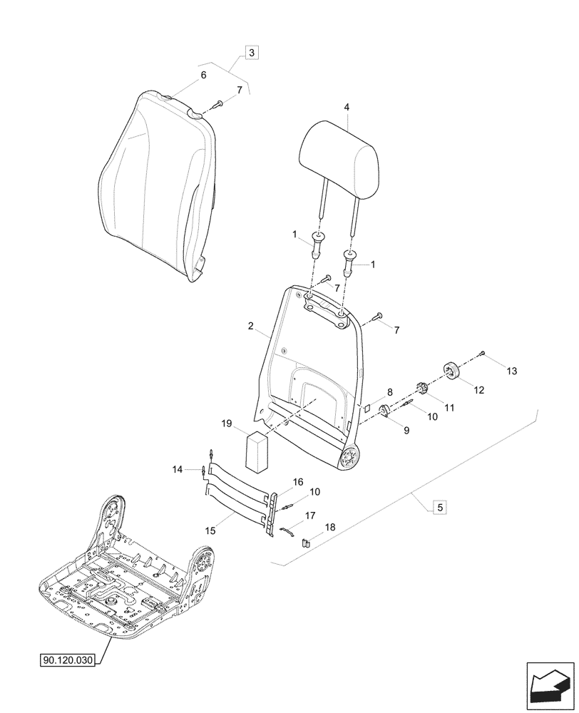 Схема запчастей Case CX57C - (90.120.040) - DRIVER SEAT, BACK REST (90) - PLATFORM, CAB, BODYWORK AND DECALS