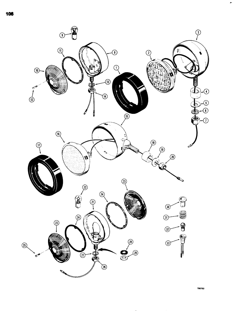 Схема запчастей Case 680G - (106) - ELECTRICAL SYSTEM/HEADLIGHT/STOP & TAIL/REAR FLOOD LIGHT/TURN SIGNAL & FLASHER, ENGINE WARNING LIGHT (04) - ELECTRICAL SYSTEMS