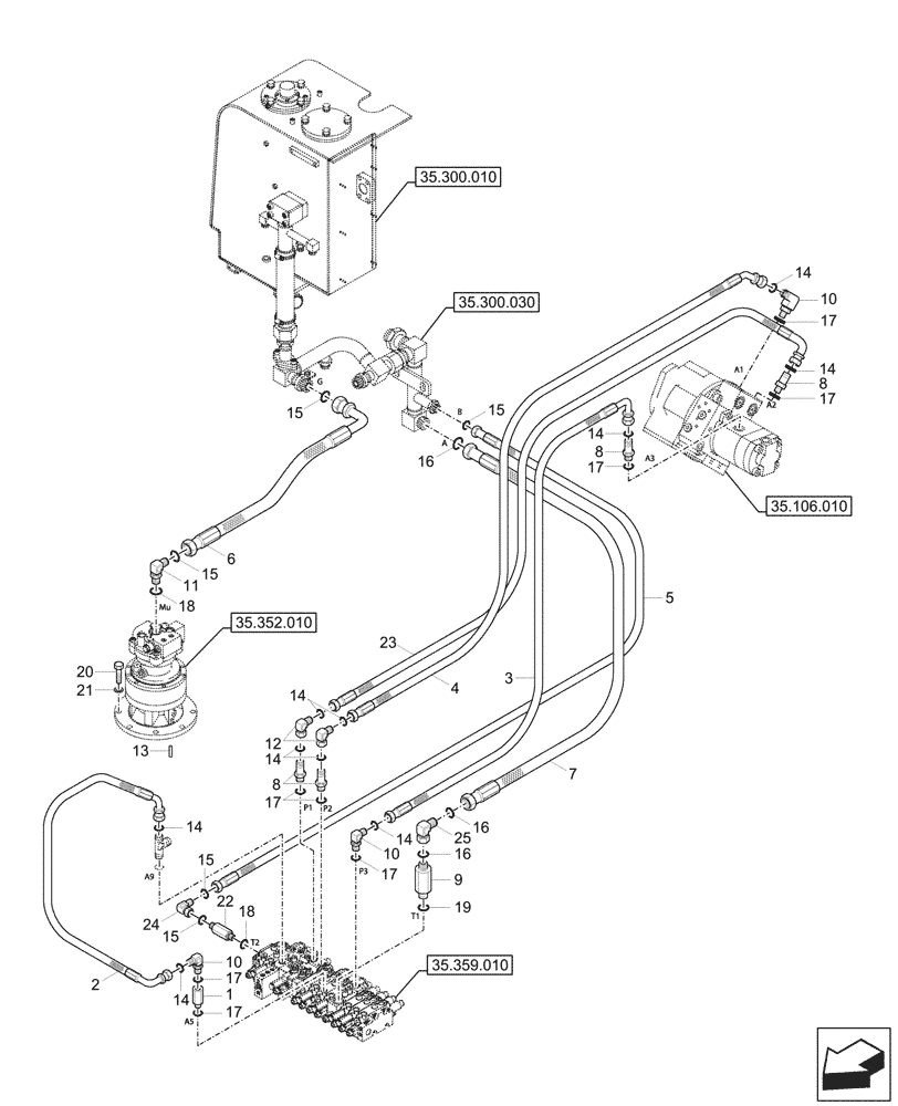 Схема запчастей Case CX57C - (35.359.140) - VAR - 747076 - CONTROL VALVE, HYDRAULIC PUMP, LINES (35) - HYDRAULIC SYSTEMS