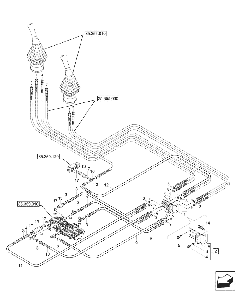 Схема запчастей Case CX57C - (35.355.050) - PILOT CONTROLS, SELECTOR, VALVE, LINES (35) - HYDRAULIC SYSTEMS