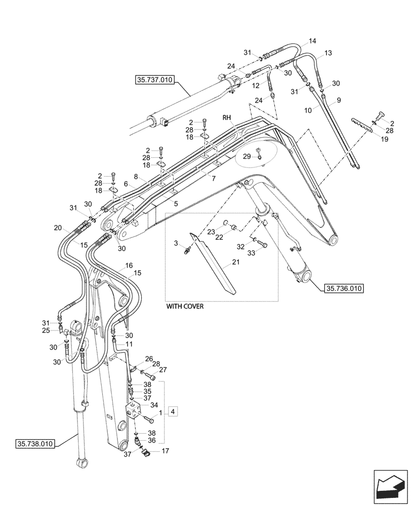 Схема запчастей Case CX57C - (35.738.020) - DIPPER & BUCKET SECTION, LINES (35) - HYDRAULIC SYSTEMS