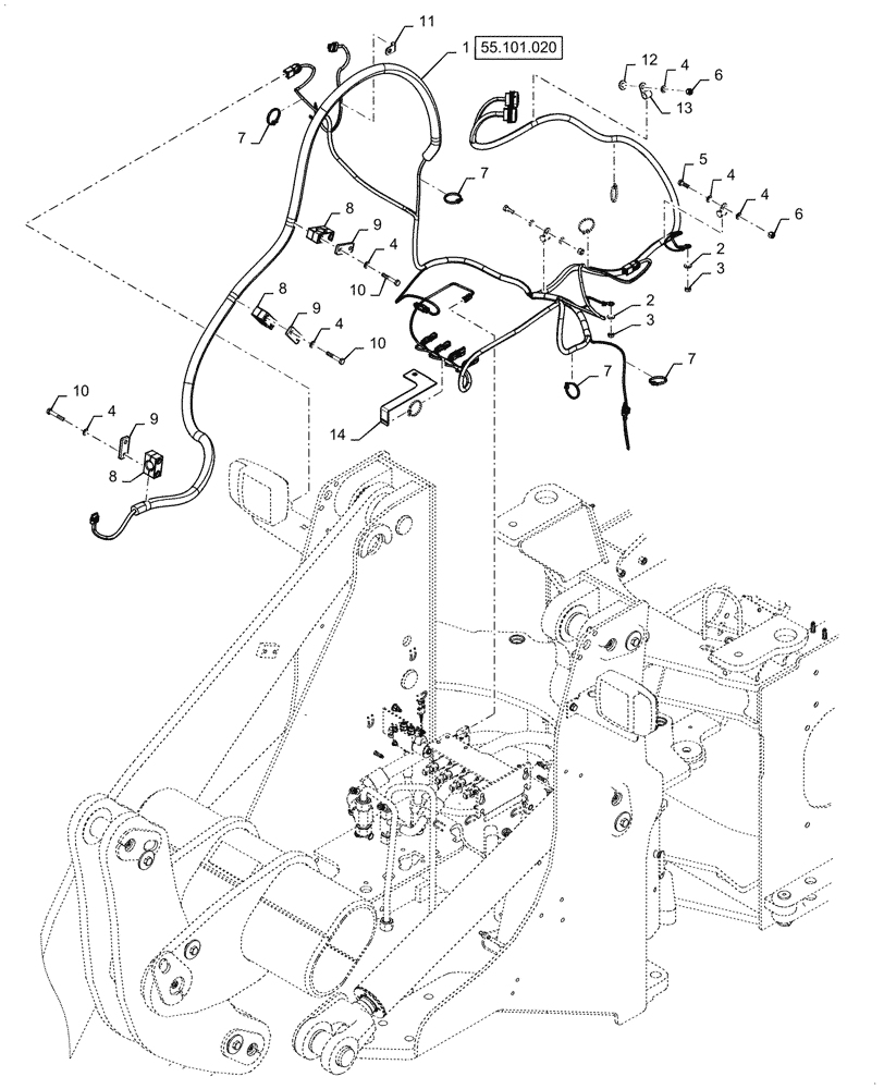 Схема запчастей Case 521G - (55.101.030) - FRONT CHASSIS HARNESS INSTALLATION, XR (55) - ELECTRICAL SYSTEMS