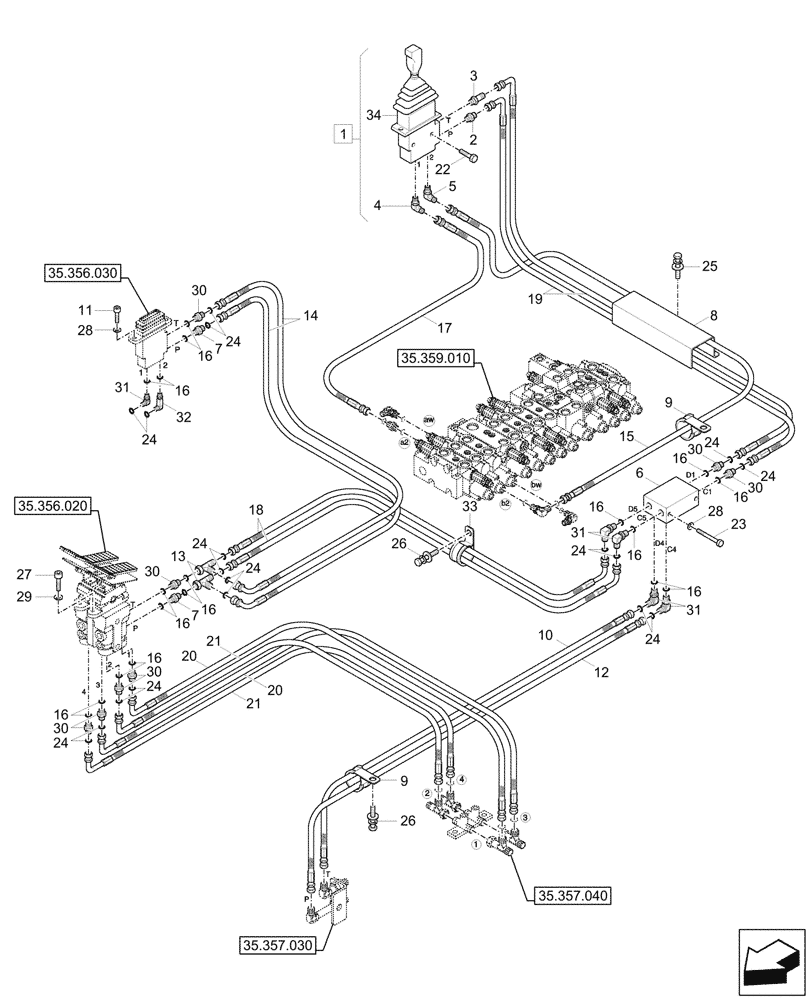 Схема запчастей Case CX60C - (35.355.060) - PILOT CONTROLS, DOZER, LINES (35) - HYDRAULIC SYSTEMS