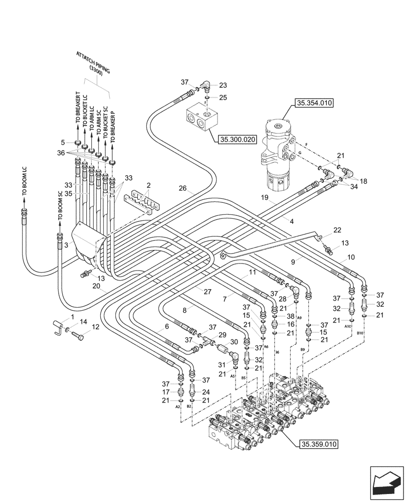Схема запчастей Case CX60C - (35.359.060) - CONTROL VALVE, BOOM, LINES (35) - HYDRAULIC SYSTEMS