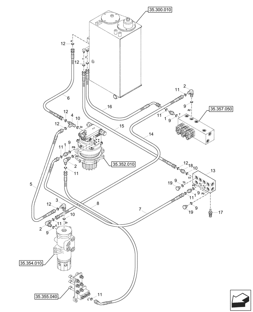 Схема запчастей Case CX60C - (35.357.010) - PILOT CONTROLS, HYDRAULIC OIL RESERVOIR, LINES (35) - HYDRAULIC SYSTEMS