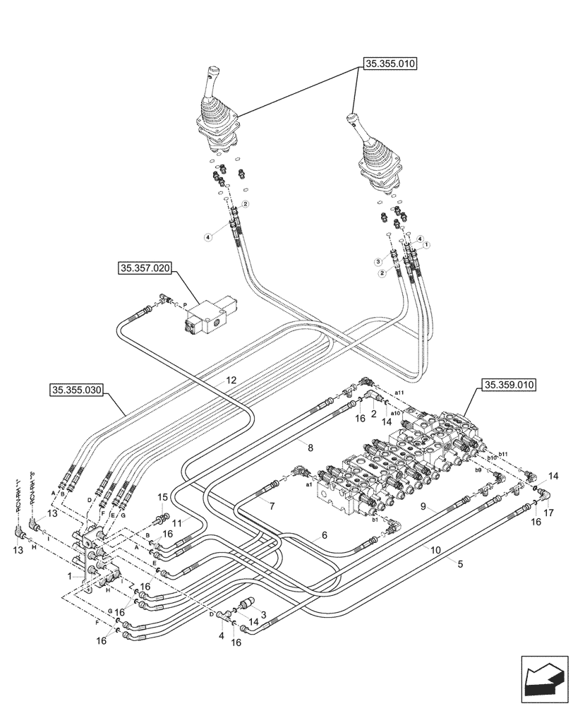 Схема запчастей Case CX60C - (35.355.040) - JOYSTICK, HYDRAULIC LINE, CONTROL VALVE (35) - HYDRAULIC SYSTEMS