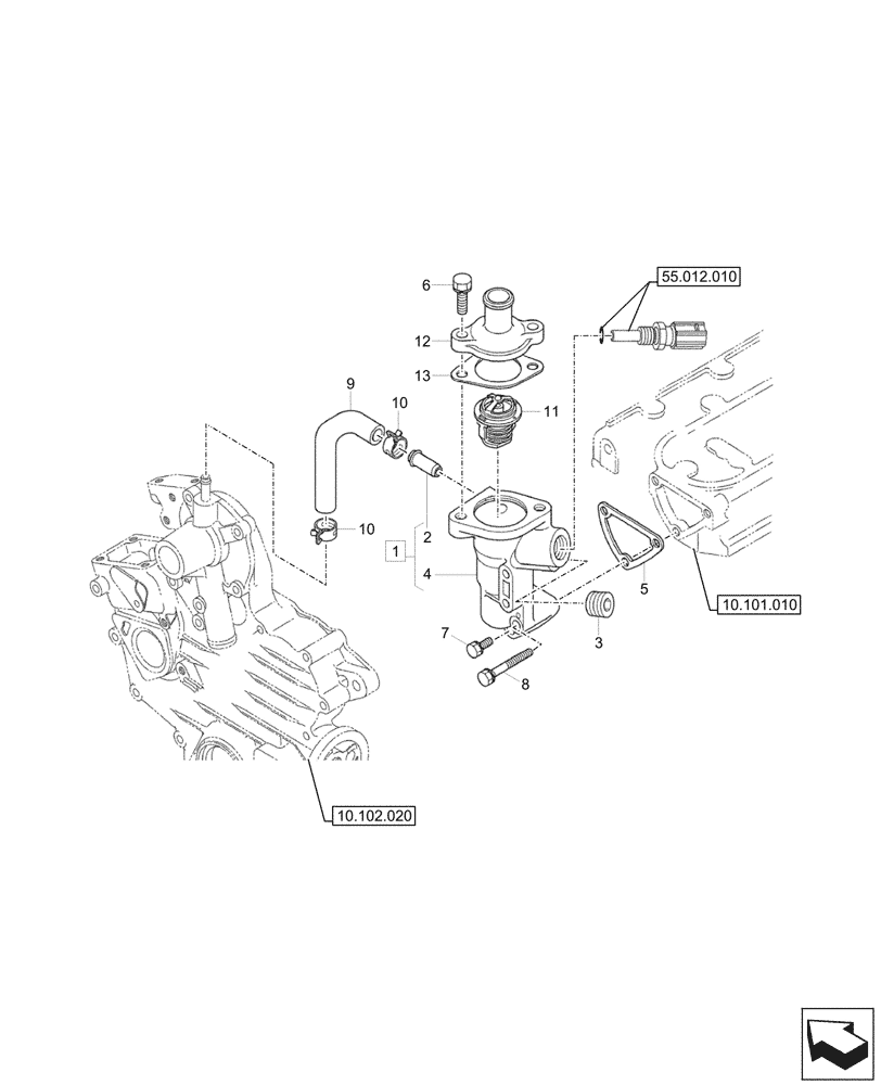 Схема запчастей Case CX17C - (10.400.050) - THERMOSTAT & HOUSING (10) - ENGINE