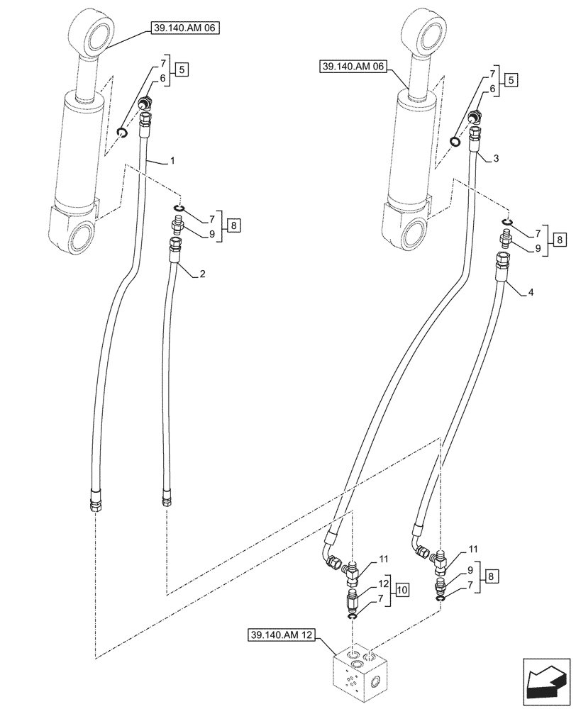 Схема запчастей Case CX500D RTC - (39.140.AM[10]) - VAR - 481263 - CYLINDER, LINES, HYDRAULIC, COUNTERWEIGHT (39) - FRAMES AND BALLASTING