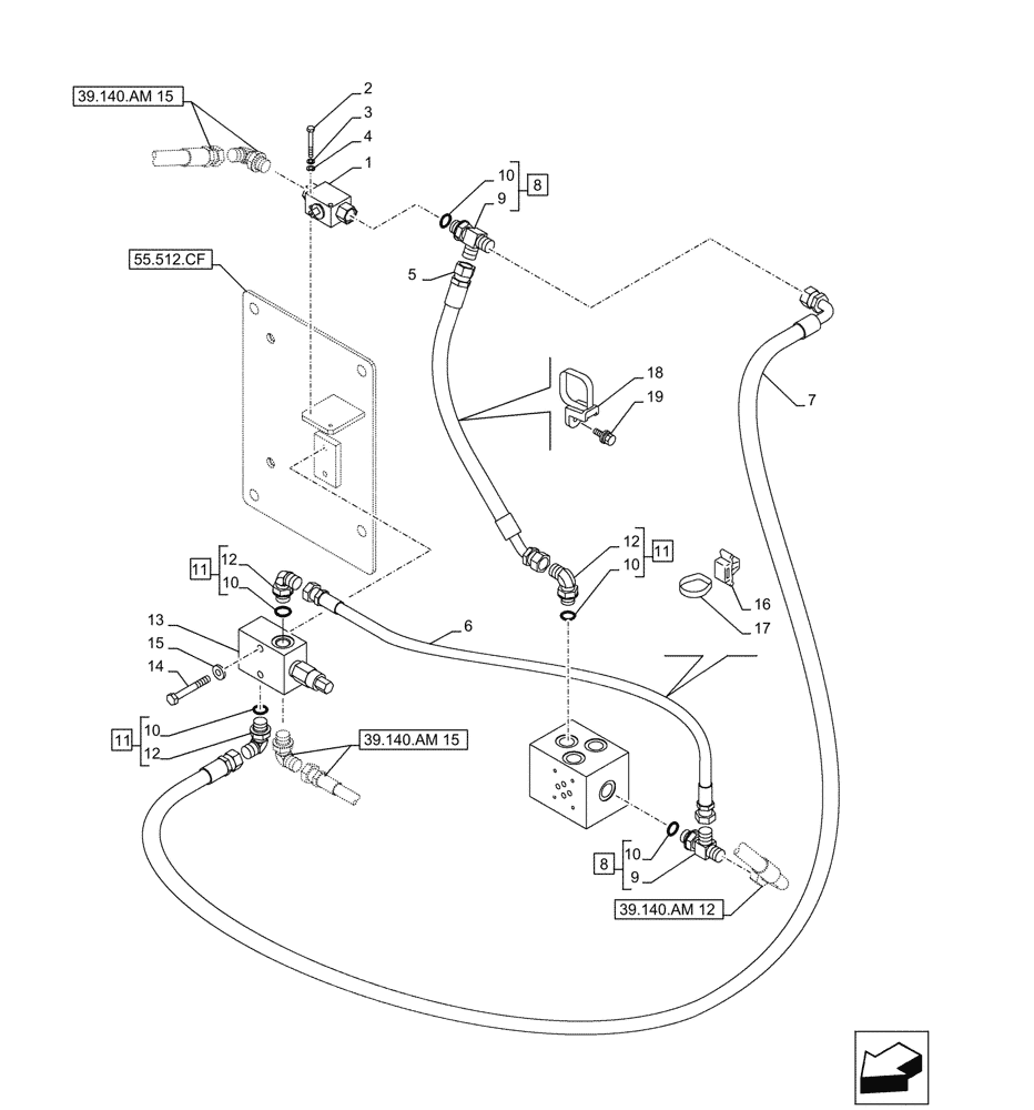 Схема запчастей Case CX490D RTC - (39.140.AM[14]) - VAR - 481263 - LINES, HYDRAULIC, COUNTERWEIGHT (39) - FRAMES AND BALLASTING