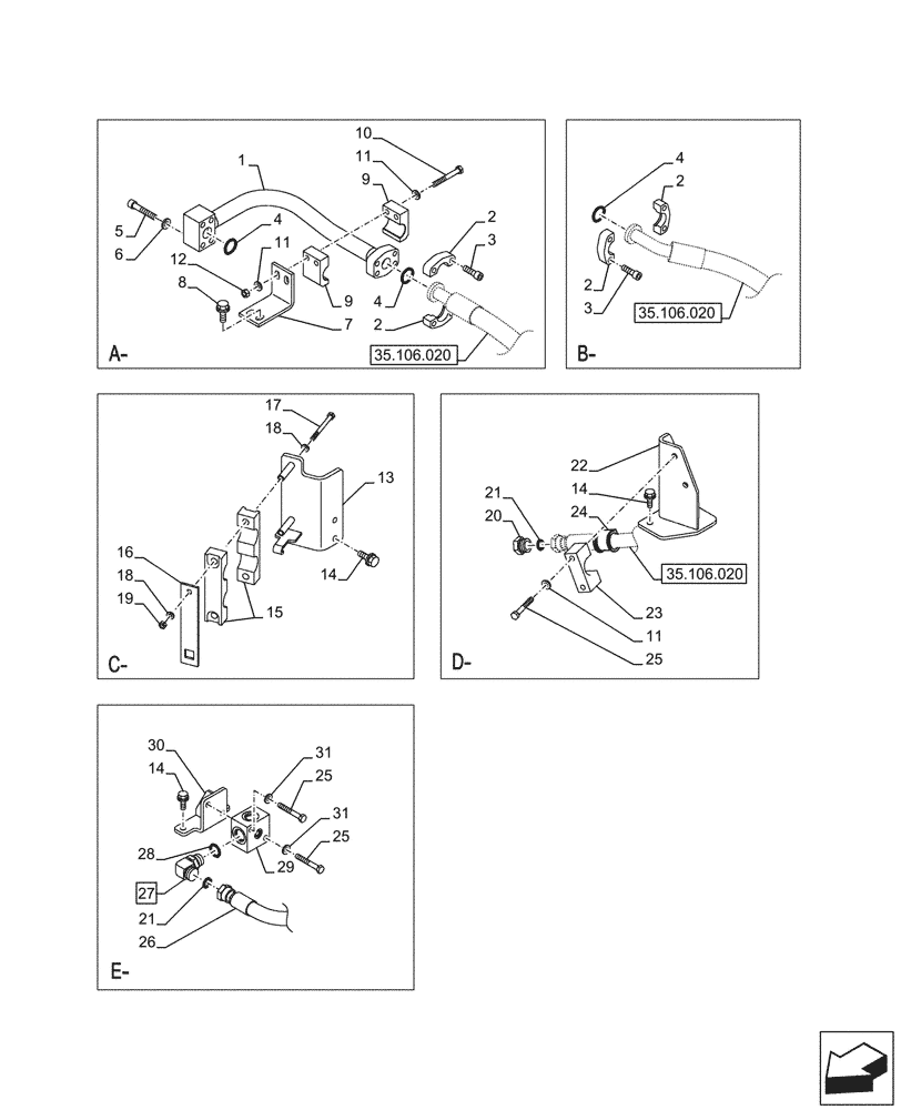 Схема запчастей Case CX750D RTC ME - (35.106.030) - VARIABLE DELIVERY HYDRAULIC PUMP, PRESSURE PIPE (35) - HYDRAULIC SYSTEMS