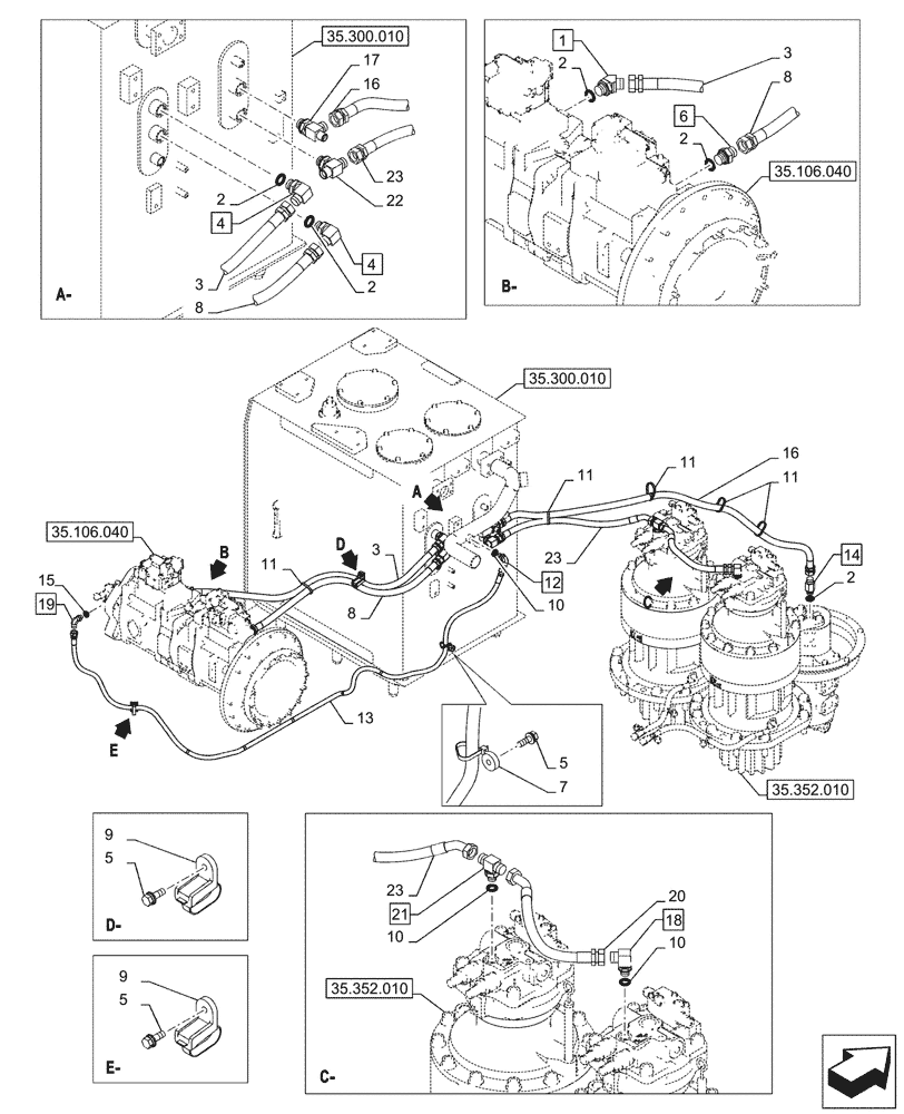 Схема запчастей Case CX750D RTC ME - (35.352.050) - MOTO-REDUCTION GEAR, LINES (35) - HYDRAULIC SYSTEMS