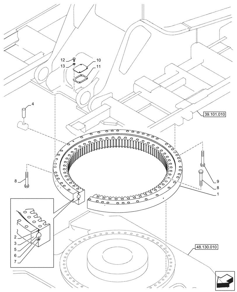 Схема запчастей Case CX750D RTC ME - (39.103.010) - SLEWING RING (39) - FRAMES AND BALLASTING