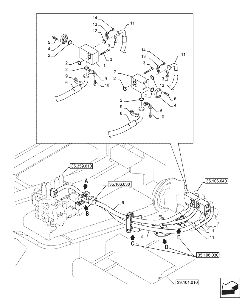 Схема запчастей Case CX750D RTC ME - (35.106.020) - VARIABLE DELIVERY HYDRAULIC PUMP, PRESSURE PIPE (35) - HYDRAULIC SYSTEMS
