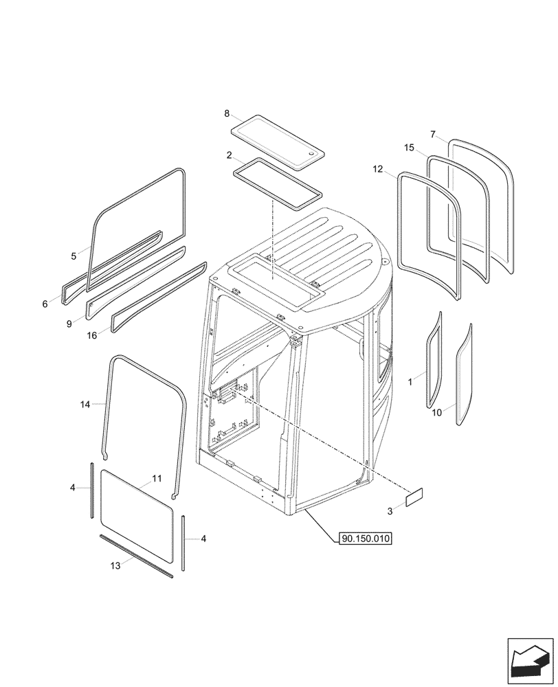 Схема запчастей Case CX37C - (90.156.010) - CAB GLASS (90) - PLATFORM, CAB, BODYWORK AND DECALS