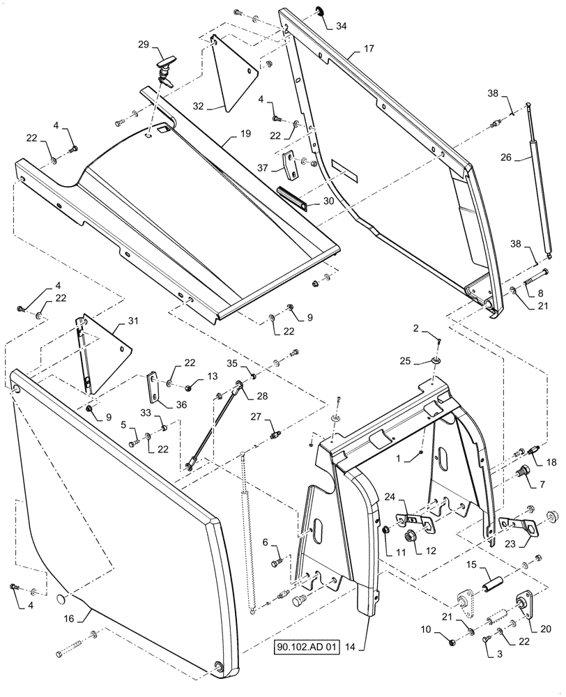 Схема запчастей Case 570N EP - (90.100.AU[02]) - HOOD PANELS (90) - PLATFORM, CAB, BODYWORK AND DECALS
