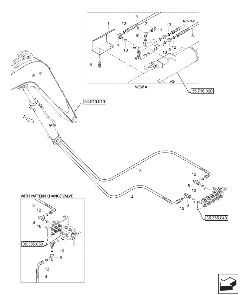 Схема запчастей Case CX37C - (35.736.030) - VAR - 747060 - BOOM CYLINDER, SAFETY VALVE, LINES (35) - HYDRAULIC SYSTEMS