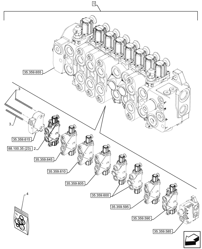 Схема запчастей Case 580SN - (88.100.35[22]) - DIA KIT, BI-AUXILIARY BACKHOE VALVE SECTION, PILOT CONTROL (88) - ACCESSORIES