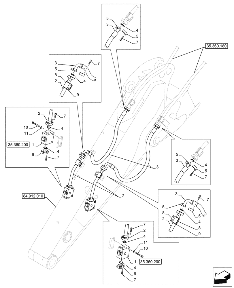 Схема запчастей Case CX750D RTC ME - (35.360.190) - VAR - 461561, 461563, 461865, 461868, 461869, 461871 - ARM, LINES, HAMMER, SHEARS, HIGH FLOW (4.10M) (35) - HYDRAULIC SYSTEMS