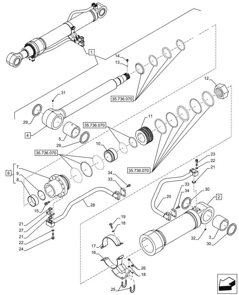 Схема запчастей Case CX750D RTC ME - (35.736.060) - VAR - 461543, 461028 - BOOM, LIFT CYLINDER, RIGHT, COMPONENTS (35) - HYDRAULIC SYSTEMS