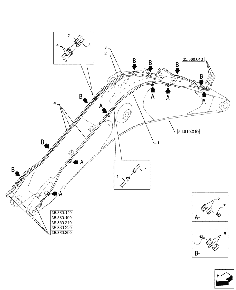 Схема запчастей Case CX750D RTC ME - (35.360.110) - VAR - 461557, 461863 - BOOM, LINES, CLAMSHELL BUCKET, ROTATION, CONTROL (35) - HYDRAULIC SYSTEMS