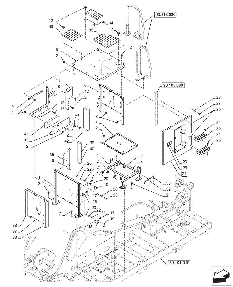 Схема запчастей Case CX750D RTC ME - (90.105.020) - HOUSING & COVERS (90) - PLATFORM, CAB, BODYWORK AND DECALS